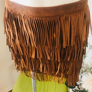 Cognac Suede Fringe Mini Skirt